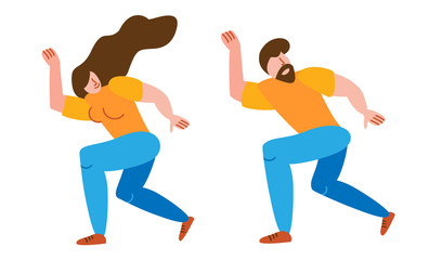 Fototapeta na wymiar A pair of characters people in love dancing a joyful and enthusiastic dance together in a flat style on a white background isolated