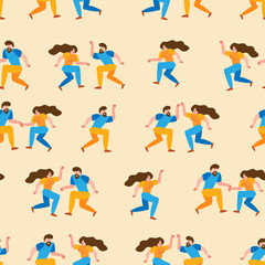 Seamless pattern dancing couple spend time together. Happy cartoon characters of people in 50s retro style. Romantic characters people activity illustration. Flat simple vector illustration