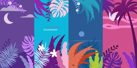Fototapeta na wymiar Set summer tropical template backgrounds stories with palms, sky and sunset