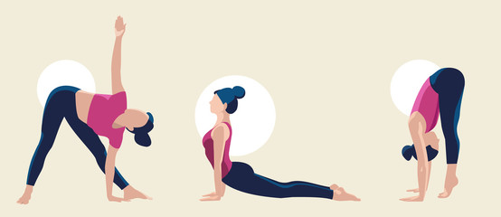 Yoga poses. Women exercising.