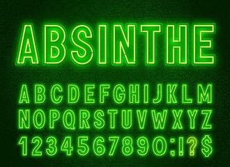 Neon green font, light alphabet with numbers on a dark background.