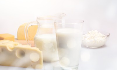 Dairy Products- Cheeses and Milk on the Grey Background