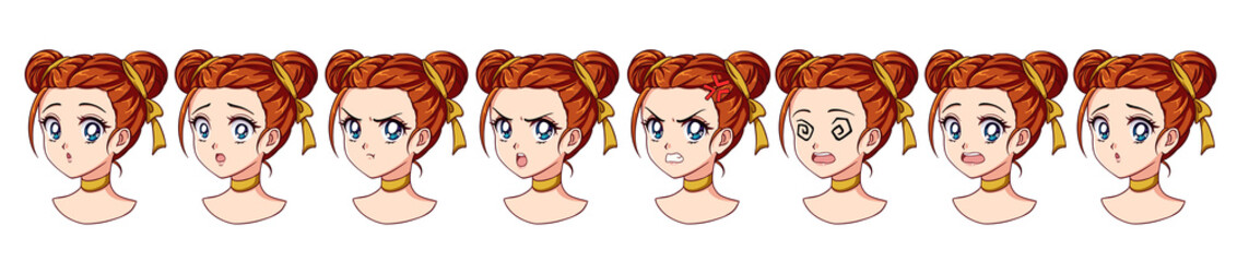 A set of cute anime girl with different expressions. Red hair, big blue eyes.