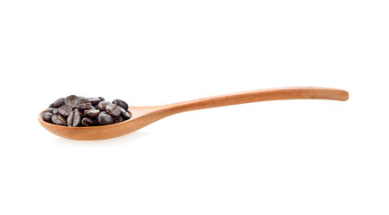 Coffee beans.in wooden spoon  Isolated on white background.