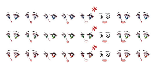 Set of cartoon anime style expressions. Different eyes, mouth, eyebrows.  Three different colors: red, green, blue. Hand drawn vector illustration isolated on white background.