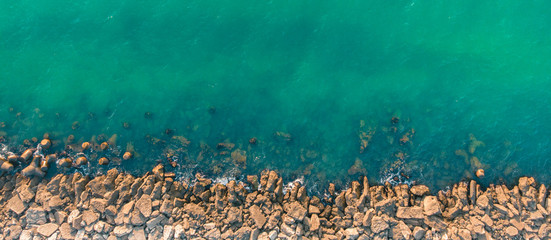 Aerial drone view of sea and coast above Varna, Bulgaria. Top view