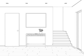 3d illustration. Sketch of the entrance hall with stairs, doors, picture, and console