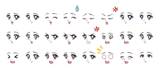 Set of cartoon anime style expressions. Different eyes, mouth, eyebrows. Blue eyes, pink lips. Hand drawn vector illustration isolated on white background.