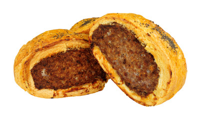 Pork and black pudding savoury sausage rolls isolated on a white background