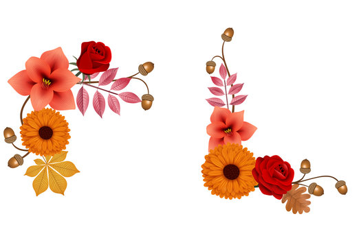 autumn flowers, leaves and acorns compositions vector