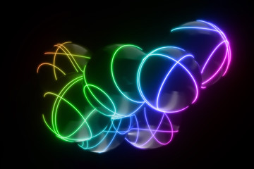 Lots of flying and separating drops on a black background with neon lighting 3D illustration