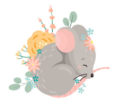 Cute cartoon mouse sleeping in sleeping in flowers. Vector illustration.