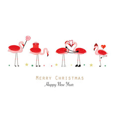 Flamingos. Candy, Gift box, heart balloon. Happy new year and Merry Christmas greeting card