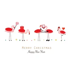 Foto auf Acrylglas Flamingo Flamingos. Candy, Gift box, heart balloon. Happy new year and Merry Christmas greeting card