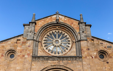 Fototapeta na wymiar Church of San Pedro, detail main facade stands out its Cistercian rosette, Avila, Spain