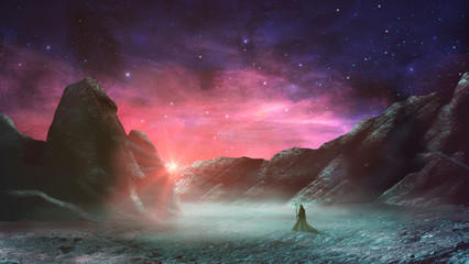 Magician standing in sci-fi magical landscape with rock valley, star and sun. Digital painting illustration. Element furnished by NASA. 3d rendering © Space Creator
