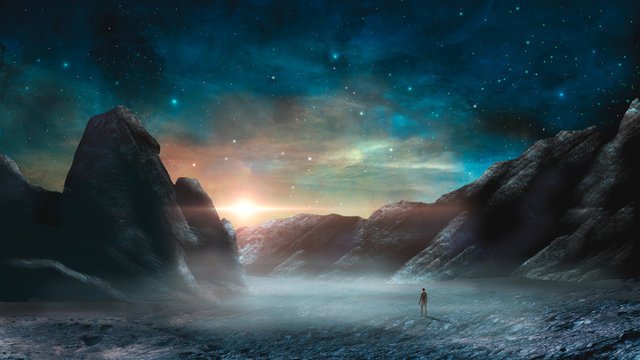 Man standing in sci-fi magical landscape with rock valley, star and sun. Digital painting illustration. Element furnished by NASA. 3d rendering