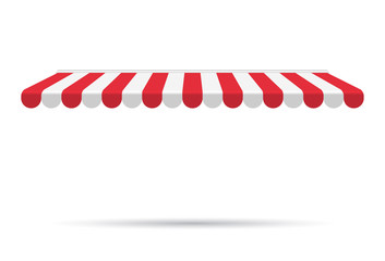 Awning canopy for shops, cafes and street restaurants. Striped red and white sunshade. Vector illustration. Outside canopy from the sun.