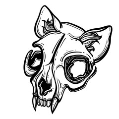Cat skull. A wreath of leaves. Vector illustration in tattoo style.Gothic brutal skull. For print t-shirts or book coloring. - 290268304