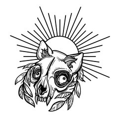 Cat skull. A wreath of leaves. Vector illustration in tattoo style.Gothic brutal skull. For print t-shirts or book coloring.