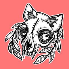 Cat skull. A wreath of leaves. Vector illustration in tattoo style.Gothic brutal skull. For print t-shirts or book coloring.