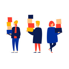 Sale, women hold boxes. Flat illustration