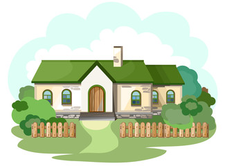 Green suburban house in cartoon style.