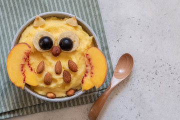 Kids breakfast polenta porridge with fruit look like a cute owl