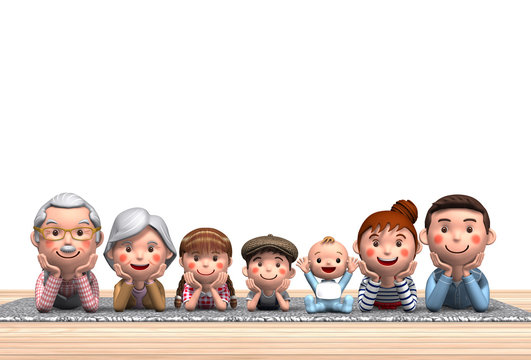 Three generation family wearing cheek cane in 3d rendering