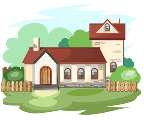 Cartoon suburban house in the village.