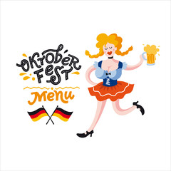 Oktoberfest girl menu. Vector flat color illustration for German beer festival in Munich.  Character woman with beer mug, pretzel and Bavarian flag. 