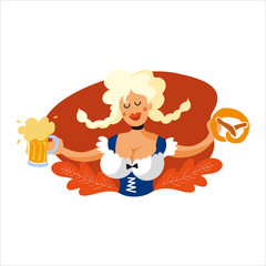 Oktoberfest girl banner. Vector flat color illustration for German beer festival. Lettering and cartoon character woman with beer mug..
