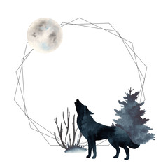 Watercolor polygonal frame with wolf and moon © MarinaErmakova
