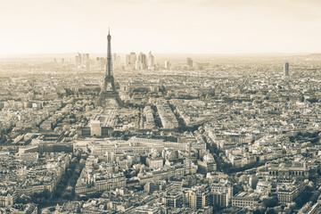 View of Paris from the top of montmartre hill with eiffel tower in the distance.
