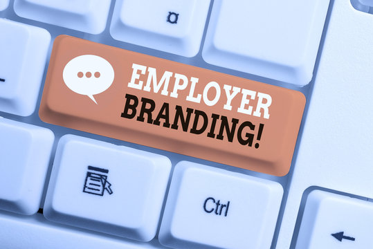 Text sign showing Employer Branding. Business photo showcasing promoting company employer choice to desired target group White pc keyboard with empty note paper above white background key copy space