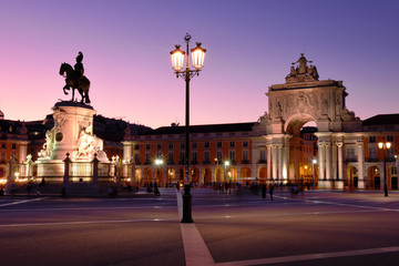 Rua Augusta Arch and statue of King Jose I. next to the Praça do Comércio (Commerce square) in Lisbon night view, Portugal