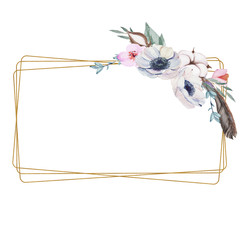 Floral wedding invitation card with rose,cotton,succulent,eucalypyus leaves in watercolor style. Botanical template with golden frame and flowers for invite, greeting and covers, poligraphy.