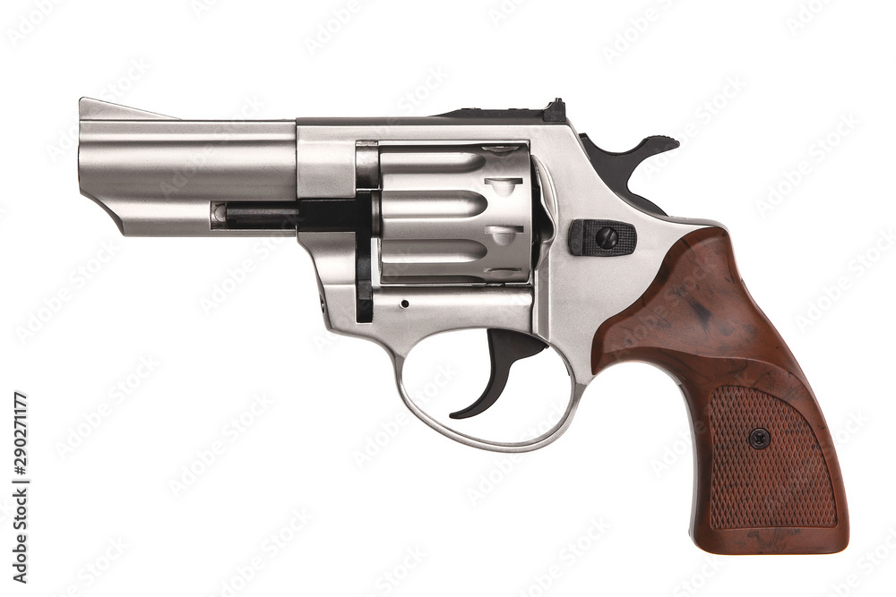 Wall mural Silver gun revolver isolate on a white background. Pistol. Weapons for self-defense and sports.