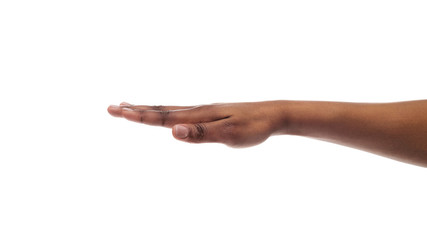 Outstretched black female hand isolated on white background
