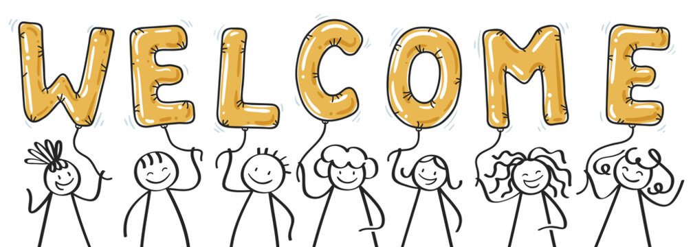 WELCOME stick figures holding golden balloon letters banner