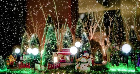 Christmas toy village scene full of lights with a snowman toy and christmas tree, under the snow. Perfect decoration with toys  in store, for children at christmas holidays - Christmas & event concept - Powered by Adobe