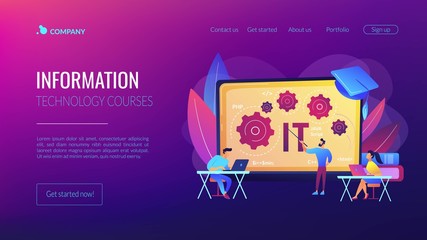 Software development. Programming, coding learning. Information technology courses, IT courses for all levels, computing and hi tech course concept. Website homepage landing web page template.