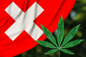 green leaf of hemp and beautiful silk national flag of switzerland, concept of medical cannabis,...