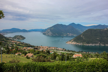 Fototapeta na wymiar Aerial view of Montisola, the island in Lake Iseo. Lombardy region, Italy