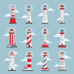 Obraz na płótnie Canvas Lighthouses with clouds flat vector illustrations set