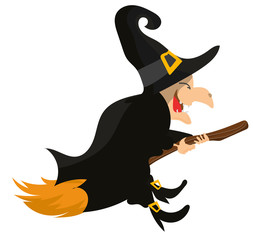 Crazy cartoon witch flies on a broomstick. Vector illustration. Halloween Attributes