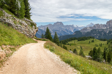 Road to the summit in Italian Mountains near Cortina de Ampezzo town. Dolomite Alps in Italy