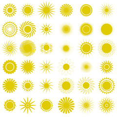 Yellow Sun Icons. Sparkling Star, Glowing Light Explosion. Starburst with Sparkles on White Background.