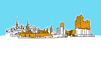 Hamburg Skyline Panorama Vector Sketch