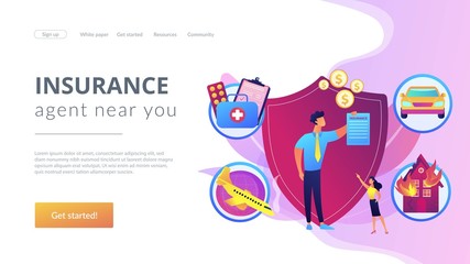 Private property, transport and life protection. Insurance broker, insurance brokerage services, insurance agent near you concept. Website homepage landing web page template.